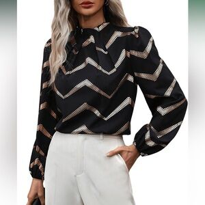 Geo Print Lantern Long Sleeve Mock Neck Blouse